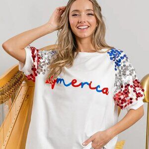 BiBi America Letter Applique Spangle Puff Sleeves Top
